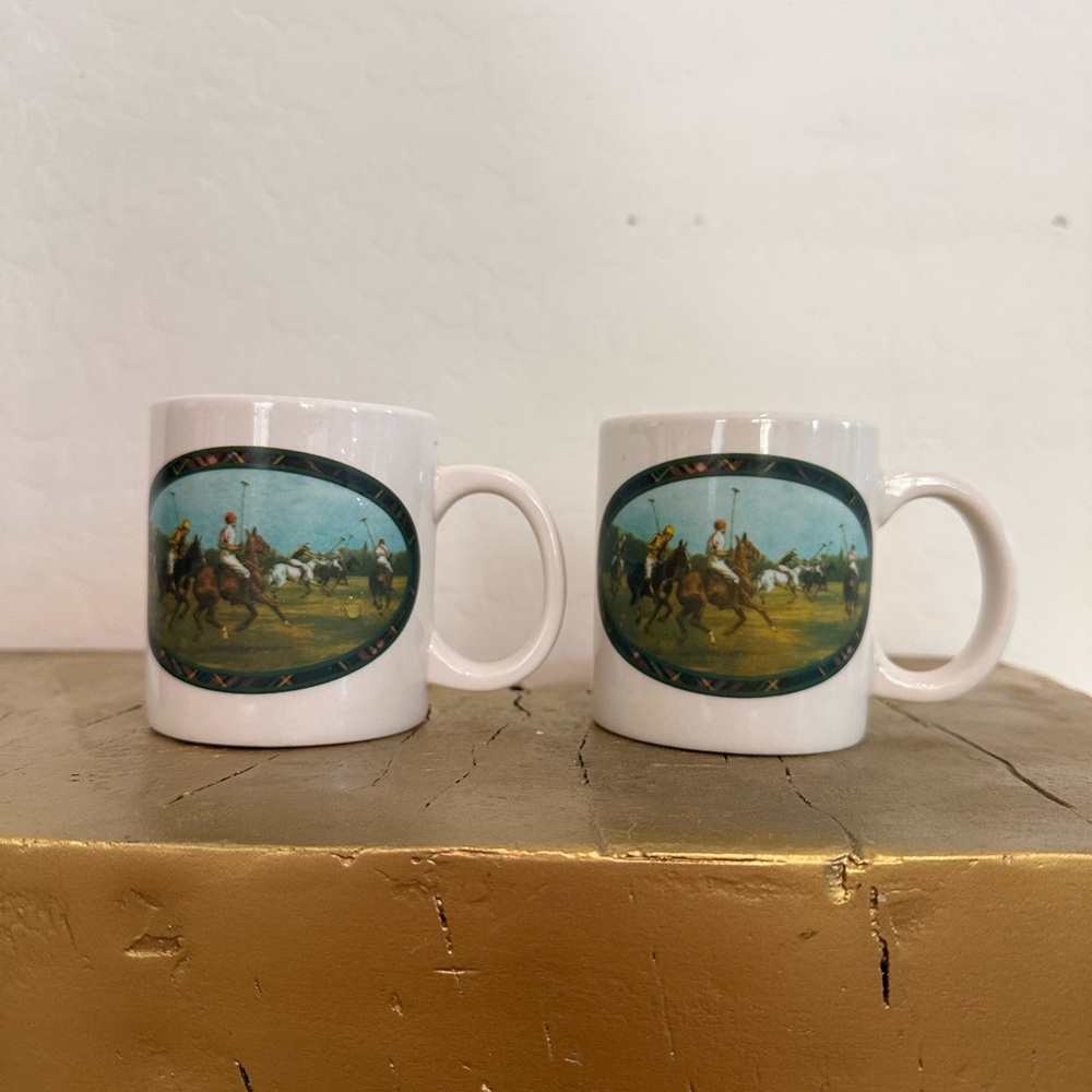 Set of 2 Ralph Lauren Equestrian/Polo White Ceramic Mugs
